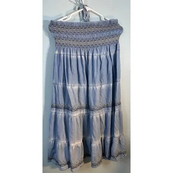 Indigo & Lace Women's XL Tiered Strapless Maxi Dress Stretch Top Tie Neck - Picture 6 of 7
